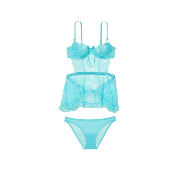 Victoria's Secret Other - Victoria's Secret 36C/36D L BABYDOLL apron SET M Panty AQUA BLUE lace open-back